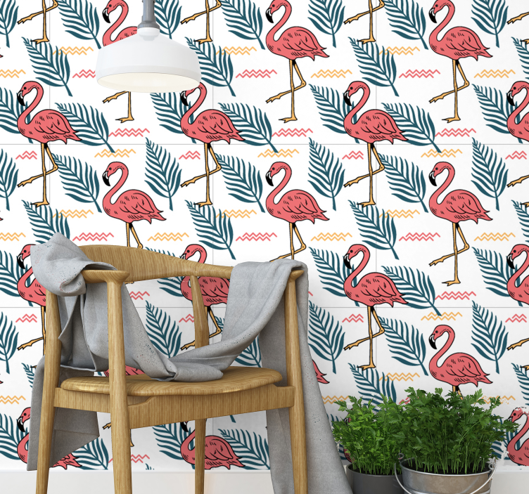 Tropiske blader med flamingoer dyretapet - Tenstickers