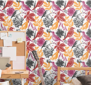 Fargerike blomster og blader fugletapet - Tenstickers