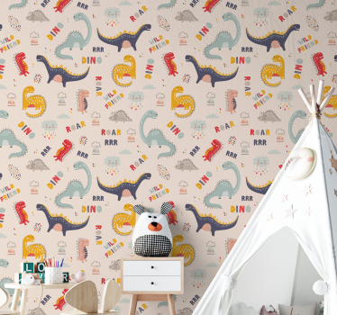 Fargerike dinosaurer med navn barn tapet - Tenstickers