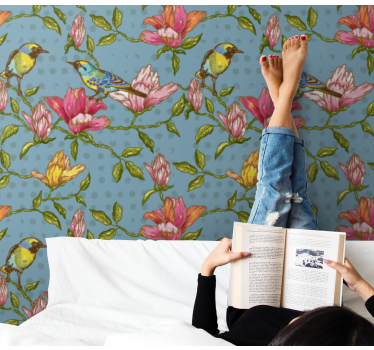 Gule fugler med blomster natur tapet - Tenstickers