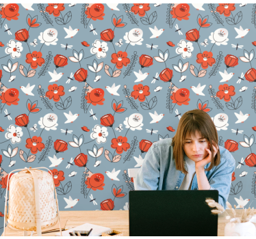 Rød blomst og fuglekult dyr tapet - Tenstickers