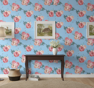 Tapet korridor blå blomstrende rosa roser - Tenstickers